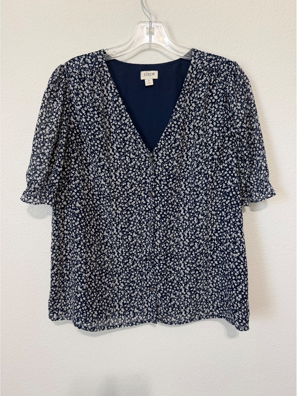 J. Crew Short Sleeve Button Up V-Neck Floral Blouse Women's Size S